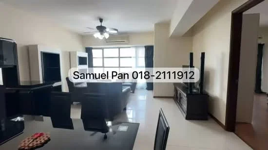 Living features: cream painted walls, white ceiling, 5-blade ceiling fan with light, floor-to-ceiling windows, black dining table, black dining chairs, light-colored sofa, wooden TV console, flat-screen TV, decorative wall unit, tile flooring, area rug; style: modern.