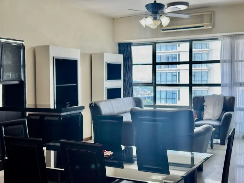 Living features: 5-blade ceiling fan with light, floor-to-ceiling windows, grey leather sofa, coffee table, dining table with glass top, black dining chairs, built-in cabinets, curtains, air conditioning unit; style: modern; view: city.