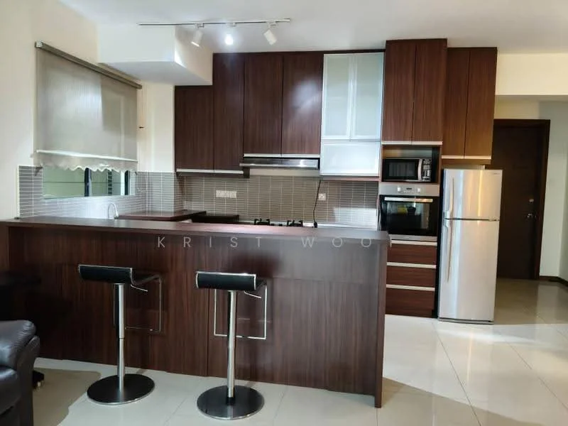 Kitchen features: dark wood cabinetry, stainless-steel fridge, built-in oven, freestanding range oven, ceramic cooktop, stainless-steel range hood, grey mosaic tile backsplash, single-bowl stainless-steel sink, chrome pull-down faucet, pendant lighting, bar counter with two stools, white quartz countertop, tile flooring; style: modern.