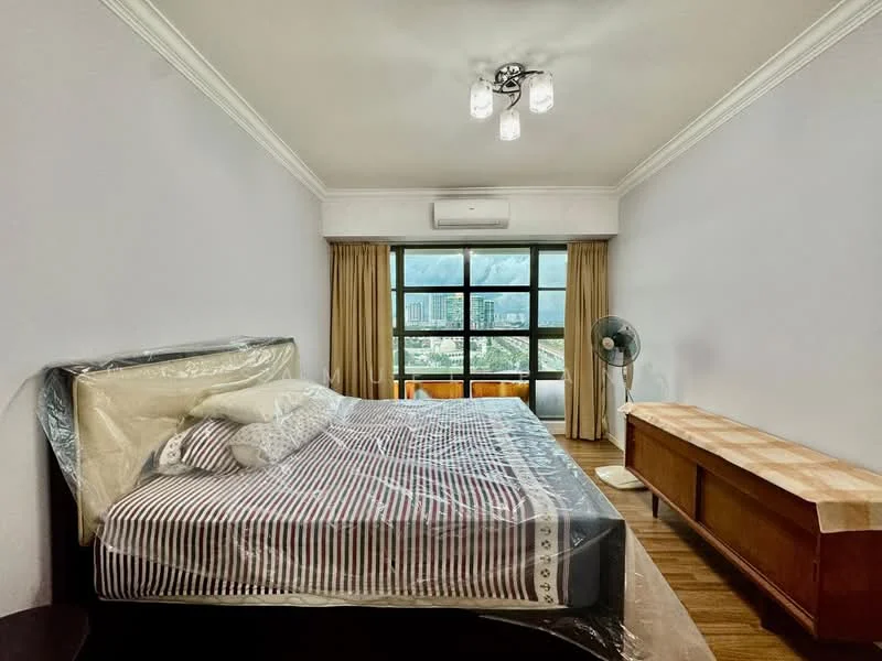 Bedroom features: king-size bed with mattress protector, upholstered headboard, bedside lamps, wooden flooring, floor-to-ceiling windows, curtains, ceiling light fixture, wall-mounted air conditioning unit, wooden bench at foot of bed, decorative pillows; style: modern; view: city.
