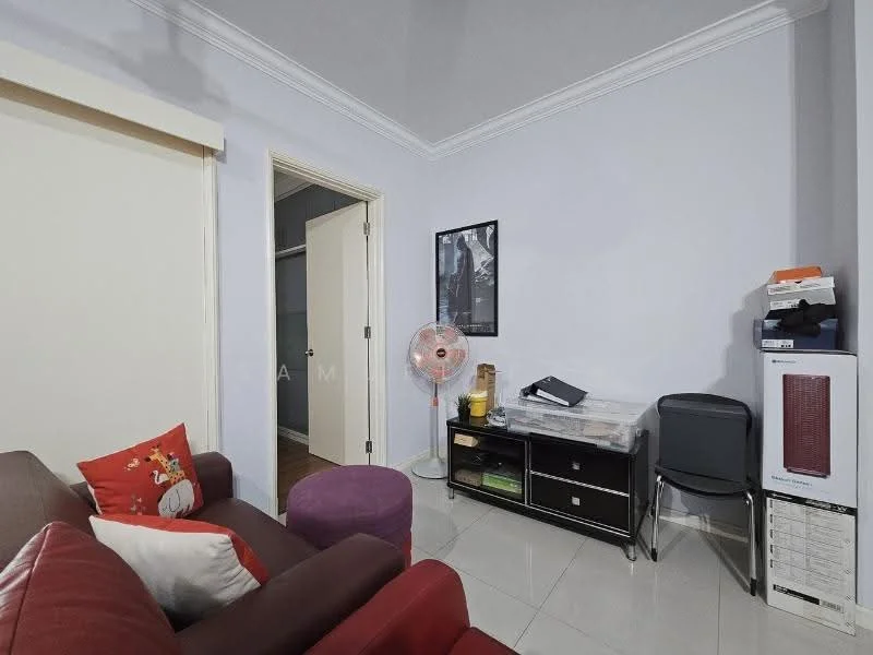 Room features: light purple painted walls, white ceiling with crown moulding, glossy white tile flooring, 3-seater maroon fabric sofa, purple ottoman, black storage cabinet, fan, stacked documents, black chair, door leading to another room, framed artwork on wall; style: modern.