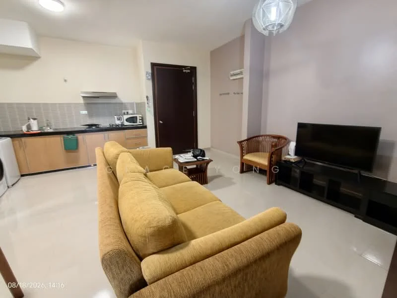 Living features: 3-seater fabric sofa in mustard yellow, coffee table, wall-mounted TV, TV console, refrigerator, microwave, kitchen cabinets, stainless-steel sink, kitchen countertop, light-colored tiled flooring, air conditioning unit, pendant light fixture, wall-mounted hooks; style: modern.
