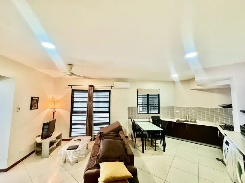 Living features: 3-seater fabric sofa in brown, coffee table, wall-mounted TV, ceiling fan with light, recessed downlights, tile flooring, white painted walls, large windows with black grills, dining table for 4, kitchenette with dark cabinetry, stainless-steel sink, washing machine, open layout; style: modern.