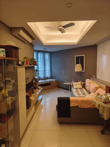 Living features: sofa in beige, coffee table, wall-mounted TV, ceiling fan with light, recessed lighting, cream painted walls, white ceiling with tray design, floor-to-ceiling windows, curtains, built-in shelving unit, decorative wall art, area rug, tile flooring; style: modern.