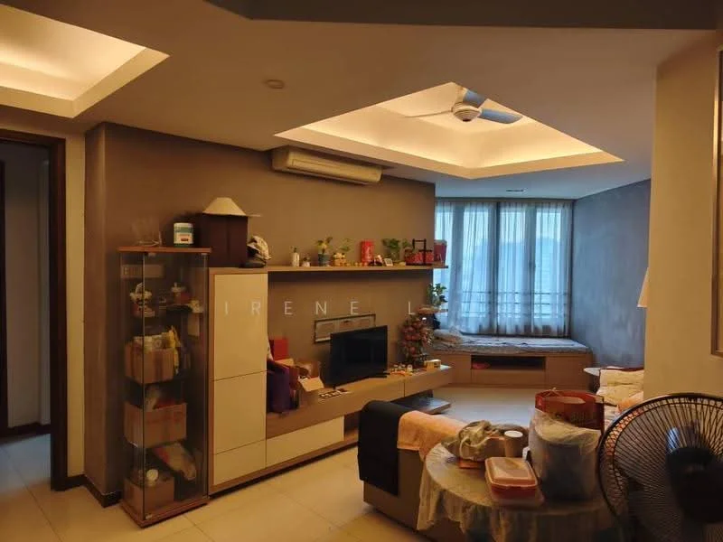 Living features: sofa, coffee table, TV console, wall-mounted TV, ceiling fan, recessed downlights, floor-to-ceiling windows, window treatments, decorative plants, built-in shelving unit, light grey painted walls, cream tiled flooring, bed nook with cushions; style: modern; view: city.