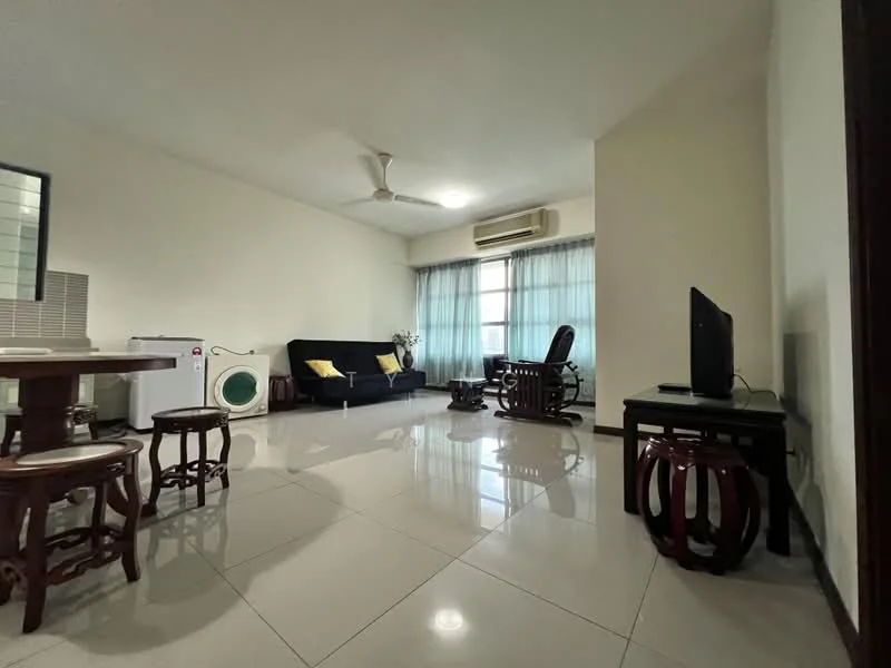 Living features: white painted walls, glossy tile flooring, 5-blade ceiling fan, large windows with sheer curtains, sofa in black fabric, wooden coffee table, wooden side table, TV console, wall-mounted TV, air conditioning unit, decorative plant in pot, rocking chair; style: modern.