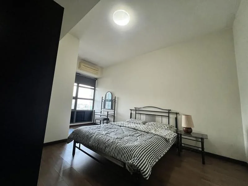 Bedroom features: queen-size bed with striped bedding, metal bed frame, two bedside tables, table lamp, large window with city view, wooden flooring, plain white walls, ceiling light fixture, mirror on a stand; style: modern; view: city.
