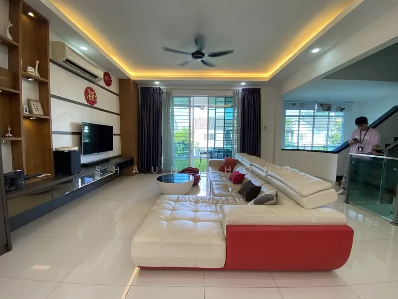 Living features: white leather sectional sofa with red accent, wall-mounted flat-screen TV, wooden feature wall with built-in shelves, recessed LED downlights, ceiling fan with light, large windows with sheer curtains, white tiled flooring, air conditioning unit, decorative wall clock, decorative wall art; style: modern; view: garden.