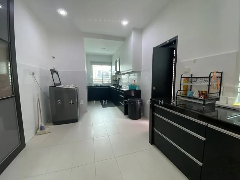 Kitchen features: black cabinetry, white tiled backsplash, stainless-steel sink, chrome pull-down faucet, built-in oven, freestanding range oven, ceramic tile flooring, recessed downlights, window for natural light, countertop with storage, kitchen island, open shelving, black countertop; style: modern.