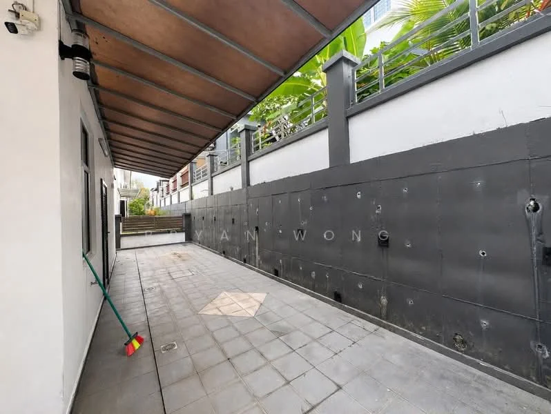 Exterior features: paved flooring, grey painted walls, overhead wooden beams, fenced area, landscaped greenery, outdoor space, drainage system, corner lot; style: modern.