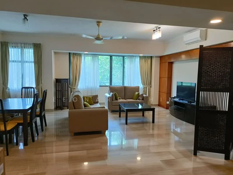 Living features: 3-seater fabric sofa in beige, 2-seater fabric sofa in beige, coffee table in black, TV console in dark wood, wall-mounted TV, dining table for 4 with black chairs, ceiling fan with light, recessed downlights, floor-to-ceiling windows with sheer curtains, marble tile flooring, wooden feature wall, decorative room divider; style: modern; view: garden.