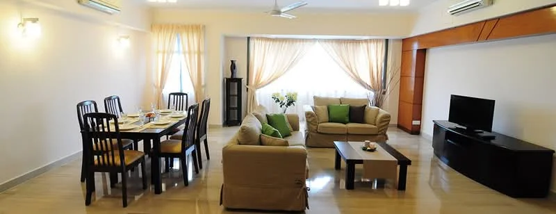 Living features: cream painted walls, marble tile flooring, 5-blade ceiling fan with light, floor-to-ceiling windows, sheer curtains, sofa in beige fabric, 2-seater sofa, coffee table in dark wood, TV console in black, wall-mounted TV, dining table for 6, black dining chairs, decorative plants, decorative items on shelves; style: modern; view: city.