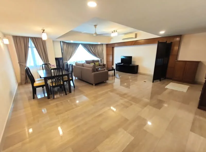 Living features: marble tile flooring, cream painted walls, tray ceiling, 5-blade ceiling fan with light, floor-to-ceiling windows, sheer curtains, L-shape sectional sofa in grey, coffee table, TV console, wall-mounted TV, dining table for 6, dining chairs, wood cabinetry, decorative wall paneling; style: modern.