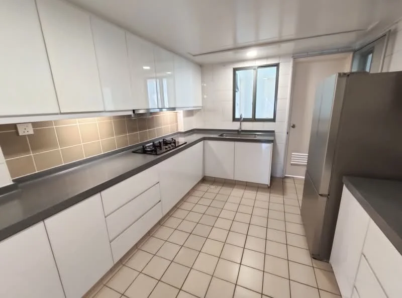 Kitchen features: white flat-panel cabinets, grey laminate countertop, stainless-steel gas hob, stainless-steel range hood, single-bowl stainless-steel sink, chrome pull-down faucet, ceramic tile flooring, white tiled backsplash, window with view to outdoor, built-in refrigerator, under-cabinet lighting; style: modern.