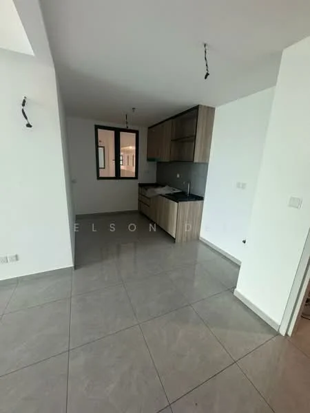 Kitchen features: grey ceramic tile flooring, white painted walls, wood cabinetry, black countertop, single-bowl stainless-steel sink, chrome pull-down faucet, built-in oven, stainless-steel range hood, 2-burner gas hob, window with view to outside, recessed downlights; style: modern.