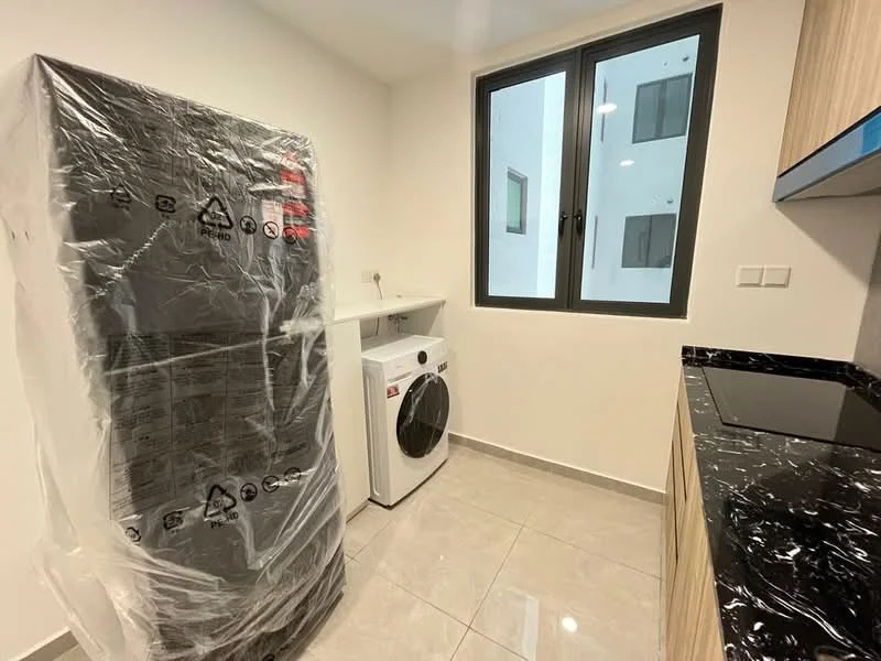 Laundry features: black granite countertop, white cabinetry, stainless-steel fridge wrapped in plastic, front-load washing machine, grey tile flooring, floor-to-ceiling window, white walls; style: modern.