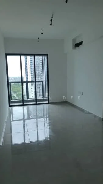Living features: white painted walls, polished ceramic tile flooring, floor-to-ceiling windows, sliding glass door, recessed downlights, city view, air conditioning unit; style: modern; view: city.