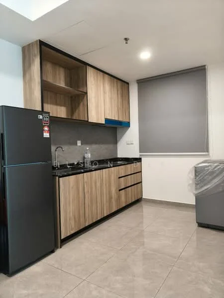 Kitchen features: black granite countertop, wood cabinetry with light brown finish, open shelving, stainless-steel fridge, built-in sink, chrome faucet, grey tiled flooring, window with roller blinds; style: modern.
