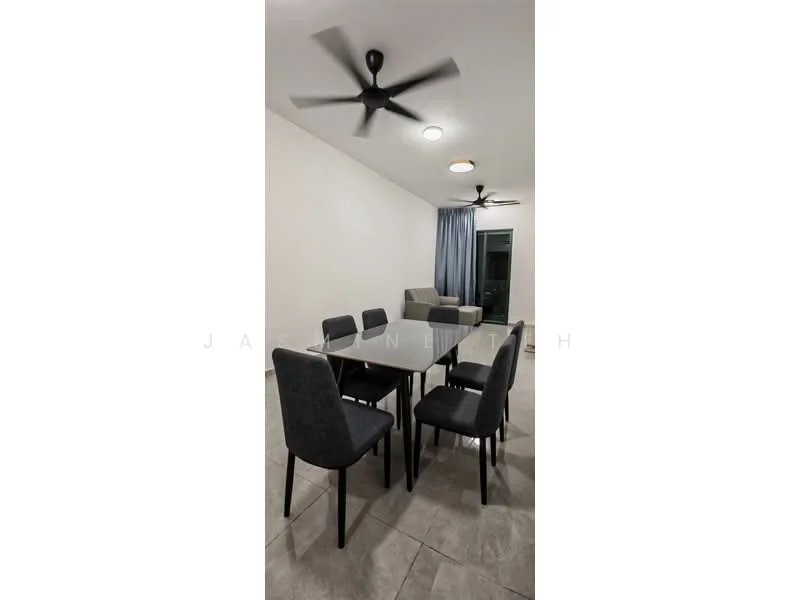 Dining features: 6-seater dining table, black upholstered dining chairs, ceiling fan with light, recessed downlights, grey tiled flooring, white painted walls, curtains, sliding glass door; style: modern.
