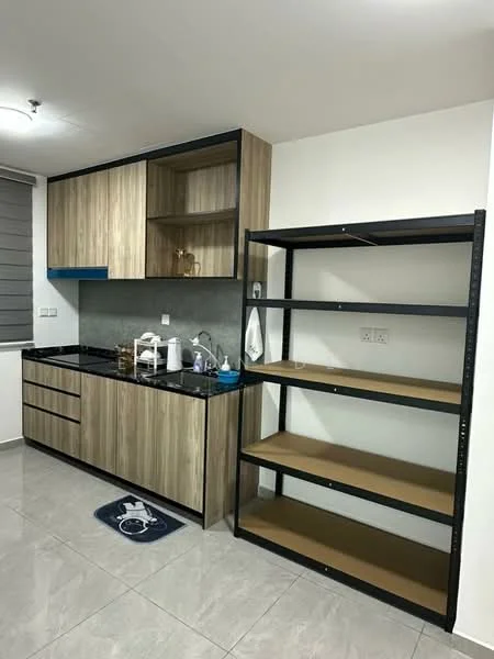 Kitchen features: laminate cabinetry in wood finish, black granite countertop, single-bowl stainless-steel sink, chrome pull-down faucet, built-in shelving unit, grey ceramic tile backsplash, grey tile flooring, window with blinds, kitchen rug with design; style: modern.