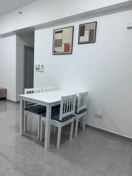 Dining features: white dining table, 4 white dining chairs, blue seat cushions, framed artwork on walls, grey tiled flooring, white painted walls, light fixture on ceiling; style: modern.
