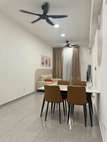 Dining features: 4-seater dining table with white top, brown upholstered dining chairs, grey tiled flooring, white painted walls, 2 ceiling fans with black blades, sofa in light beige fabric, curtains in light beige, wall-mounted TV, decorative wall art with abstract designs, recessed ceiling lights; style: modern.