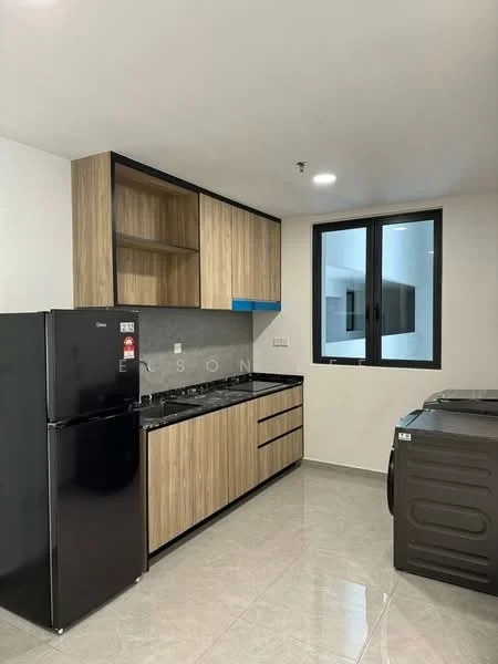 Kitchen features: black refrigerator, built-in gas stove with 4 burners, wood cabinetry with a natural finish, blue accent shelf, grey tile backsplash, grey ceramic tile flooring, single-bowl stainless-steel sink, window with black frame, washing machine, countertop with storage below; style: modern.
