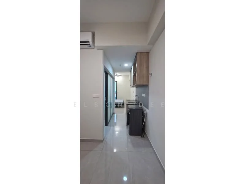 Room features: grey tiled flooring, white painted walls, ceiling-mounted air conditioning unit, wood cabinetry, stainless-steel refrigerator, kitchen countertop, washing machine, sliding glass door, recessed lighting; style: modern.