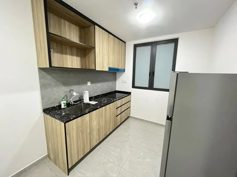 Kitchen features: laminate cabinetry in wood finish, black granite countertop, single-bowl stainless-steel sink, chrome pull-down faucet, built-in electric stove, refrigerator, grey ceramic tile flooring, white painted walls, under-cabinet lighting, window with black frame; style: modern.