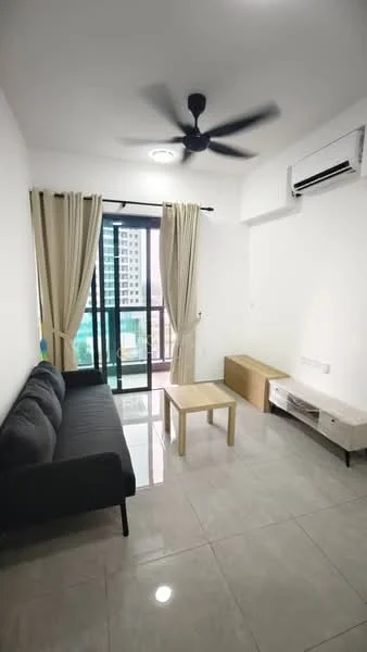 Living features: grey fabric sofa, wood coffee table, white TV console, floor-to-ceiling windows, sheer curtains, 5-blade ceiling fan, wall-mounted split AC, glossy tile flooring, neutral painted walls; style: modern; view: city.
