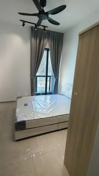 Bedroom features: queen-size bed, 5-blade ceiling fan with light, floor-to-ceiling window, grey curtains, light-colored walls, tile flooring, built-in wardrobe, decorative wall light; style: modern; view: city.