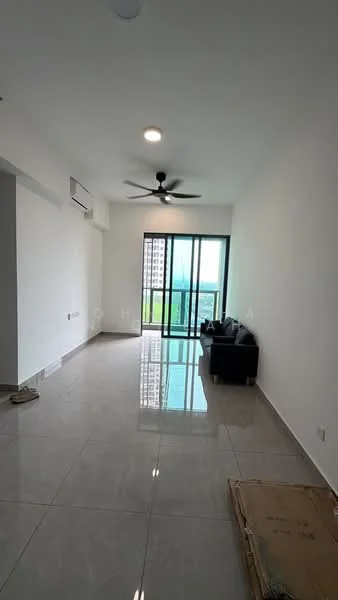 Living features: grey tiled flooring, white painted walls, 5-blade ceiling fan with light, floor-to-ceiling windows, sliding glass door, black leather sofa, natural light from windows, open layout; style: modern; view: garden.