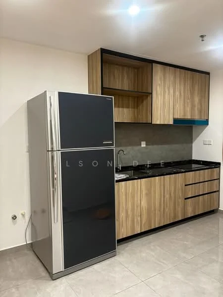Kitchen features: stainless-steel fridge, black granite countertop, wooden cabinetry with light wood finish, black backsplash, single-bowl stainless-steel sink, chrome pull-down faucet, built-in oven, ceramic tile flooring, recessed downlights; style: modern.