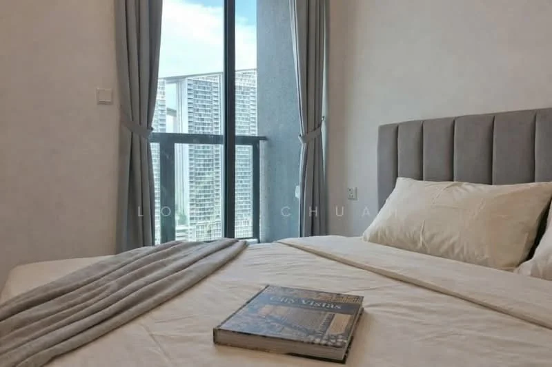 Bedroom features: king-size bed with upholstered headboard, white bedding, grey throw blanket, floor-to-ceiling windows, curtains, decorative book on bed, light grey painted walls, carpeted flooring; style: modern; view: city.