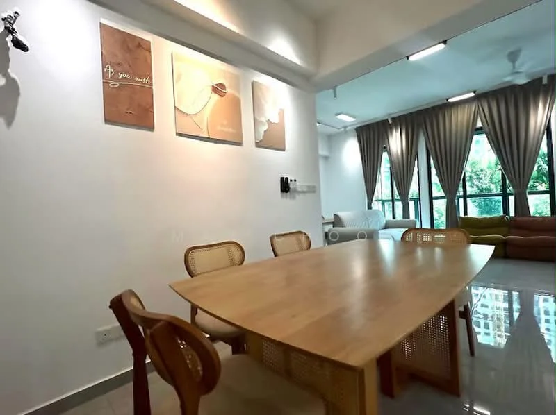 Dining features: wooden dining table, 4 rattan dining chairs, framed artwork on walls, white painted walls, recessed lighting, polished tile flooring, large windows with curtains, ceiling fan; style: modern; view: garden. Living features: sofa in beige fabric, sofa in brown fabric, large windows with curtains, recessed lighting, polished tile flooring; style: modern; view: garden.