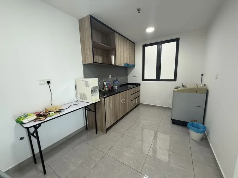 Kitchen features: grey countertop, wood cabinetry with flat-panel design, single-bowl stainless-steel sink, chrome pull-down faucet, built-in stove, microwave, refrigerator, tile flooring, white painted walls, window with black frame, table with food items, washing machine, blue trash bin; style: modern.
