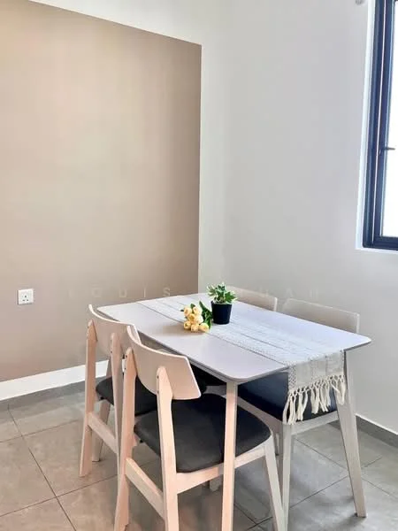 Dining features: rectangular dining table, 4 dining chairs, table runner, potted plant on table, grey upholstered chairs, white table with wooden legs, light grey tiled flooring, neutral painted walls; style: modern.