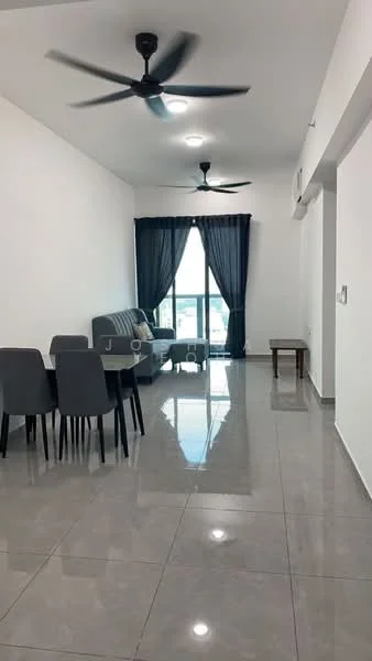 Living features: grey fabric sofa, 4-seater dining table, black dining chairs, floor-to-ceiling windows, sliding glass door, blackout curtains, 2 ceiling fans, recessed downlights, polished ceramic tile flooring, white painted walls; style: modern; view: city.