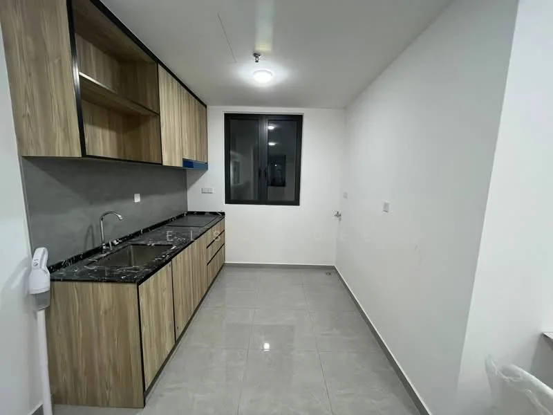 Kitchen features: wood cabinetry with light brown finish, black granite countertop, double-bowl stainless-steel sink, chrome pull-down faucet, grey tiled backsplash, built-in cabinets, floor-to-ceiling window, grey ceramic tile flooring, recessed ceiling lights; style: modern.