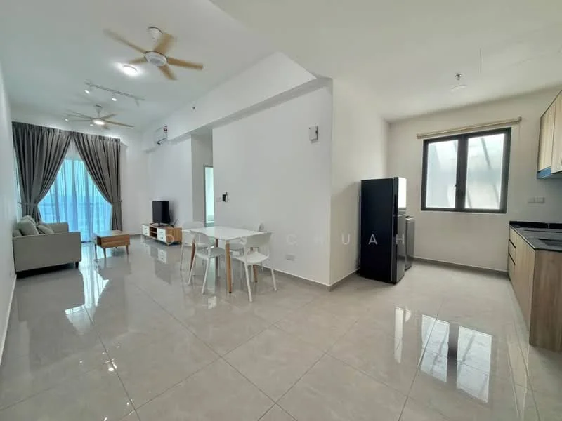 Living features: 3-blade ceiling fan, sofa in light grey fabric, coffee table, TV console, wall-mounted TV, area rug, floor-to-ceiling windows with sheer curtains, white painted walls, glossy tile flooring; style: modern; view: city. Dining features: 4-seater dining table, white chairs, white tabletop; style: modern. Kitchen features: black countertop, wood cabinetry, stainless-steel fridge, built-in oven, sink, stainless-steel range hood; style: modern.