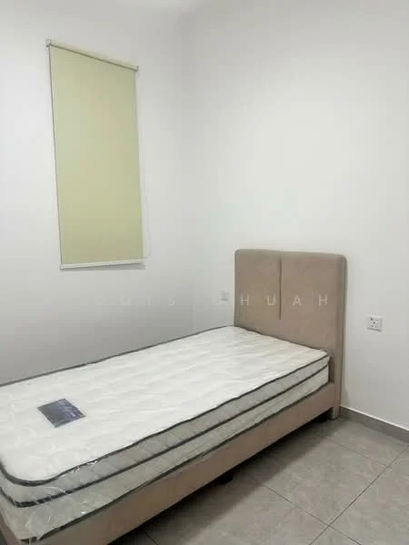 Bedroom features: single bed, upholstered headboard, mattress without bedding, white painted walls, tile flooring, roller blinds, window with natural light, light switch on wall, power outlet on wall; style: minimalist.