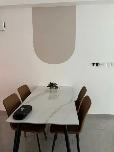 Dining features: marble dining table, 4 brown upholstered dining chairs, grey tile flooring, white painted walls, decorative wall feature with beige accent, wall-mounted electrical outlets; style: modern.