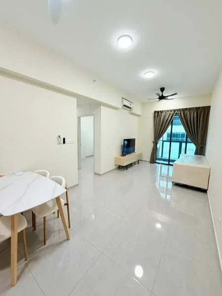 Living features: light grey tiled flooring, white painted walls, recessed downlights, 5-blade ceiling fan, wall-mounted TV, wooden TV console, large window with sheer curtains, balcony access, sofa, dining table with marble top, 4 dining chairs; style: modern; view: city.