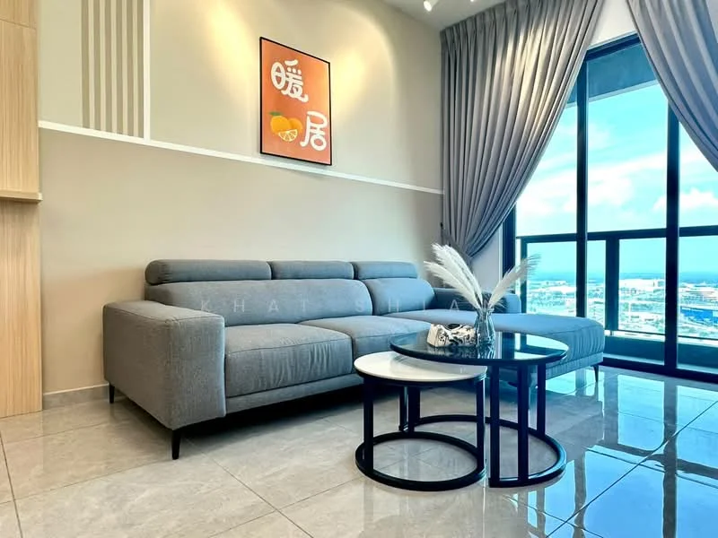 Living features: L-shape sectional sofa in grey, round coffee table with black metal frame, large floor-to-ceiling windows, curtains in light grey, decorative vase with dried plants, glossy tile flooring, wall-mounted artwork with orange and white design, neutral painted walls, recessed ceiling lights; style: modern; view: city.