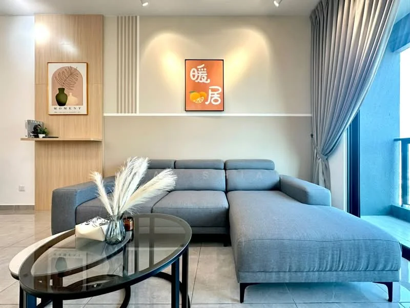 Living features: L-shape sectional sofa in grey, glass coffee table, decorative vase with pampas grass, framed artwork on wall, light grey walls, floor-to-ceiling windows, curtains in light grey, tile flooring, wooden accent wall, wall-mounted shelf; style: modern; view: city.