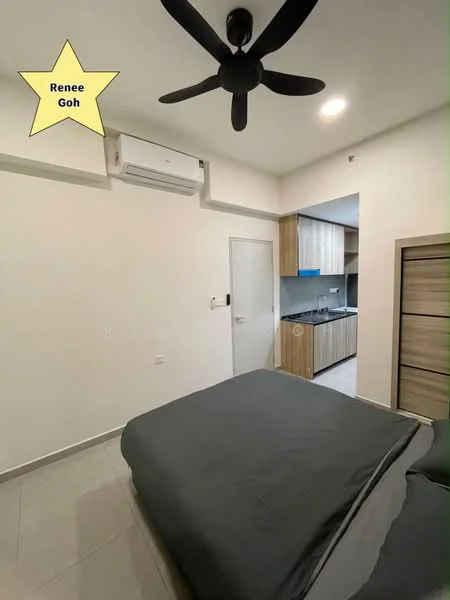 Bedroom features: grey bedding, queen-size bed, 5-blade ceiling fan, wall-mounted split AC, light-colored walls, tile flooring, built-in wardrobe, door leading to kitchen area; style: modern.