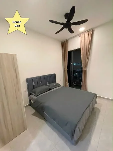 Bedroom features: king-size bed with grey bedding, upholstered headboard in dark grey, 2 bedside lamps, floor-to-ceiling window, sheer curtains, light grey tiled flooring, ceiling fan with light, built-in wardrobe, decorative wall art, neutral painted walls; style: modern.