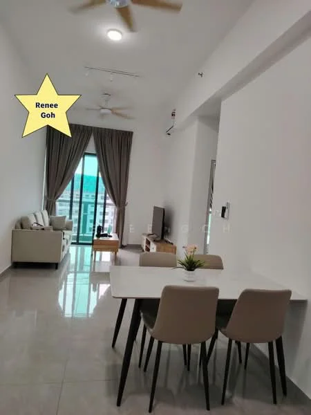 Living features: 3-seater fabric sofa in beige, coffee table, TV console, wall-mounted TV, floor-to-ceiling windows, curtains, ceiling fan, marble tile flooring, white painted walls, decorative plant on table, area rug, dining table with 4 chairs; style: modern; view: city.