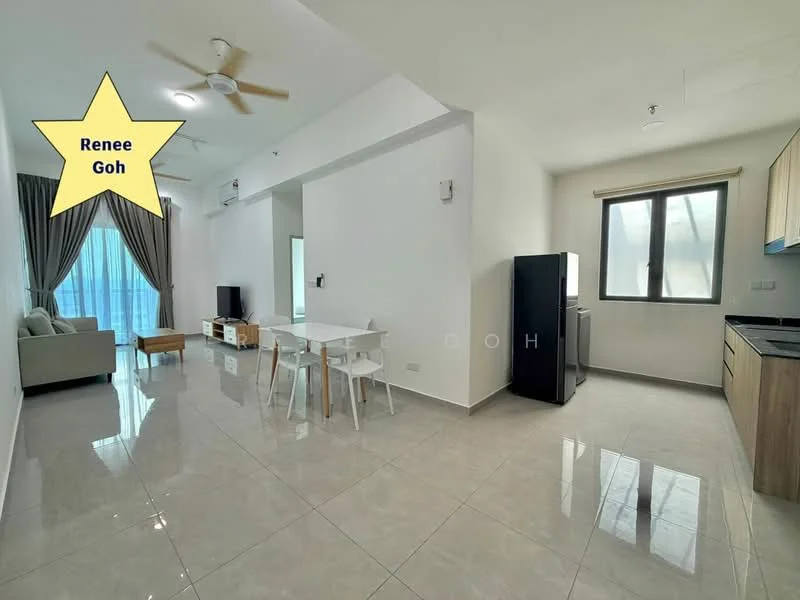Living features: grey fabric sofa, white coffee table, black TV console, wall-mounted TV, 5-blade ceiling fan, recessed downlights, large window with sheer curtains, glossy tile flooring, white painted walls, open layout to dining area, dining table with four chairs, black refrigerator, kitchen countertop with cabinetry; style: modern.