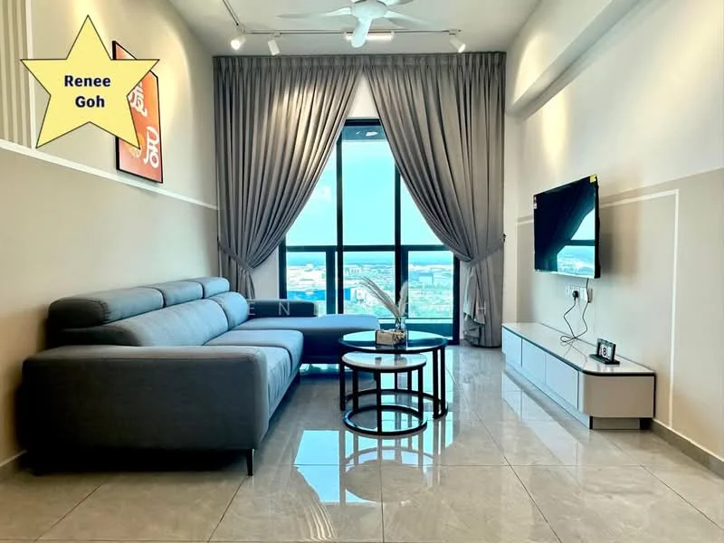 Living features: grey fabric L-shape sectional sofa, round coffee table with glass top, TV console with white cabinetry, wall-mounted flat-screen TV, floor-to-ceiling windows, sheer curtains, recessed downlights, polished ceramic tile flooring, decorative wall art, ceiling fan; style: modern; view: city.